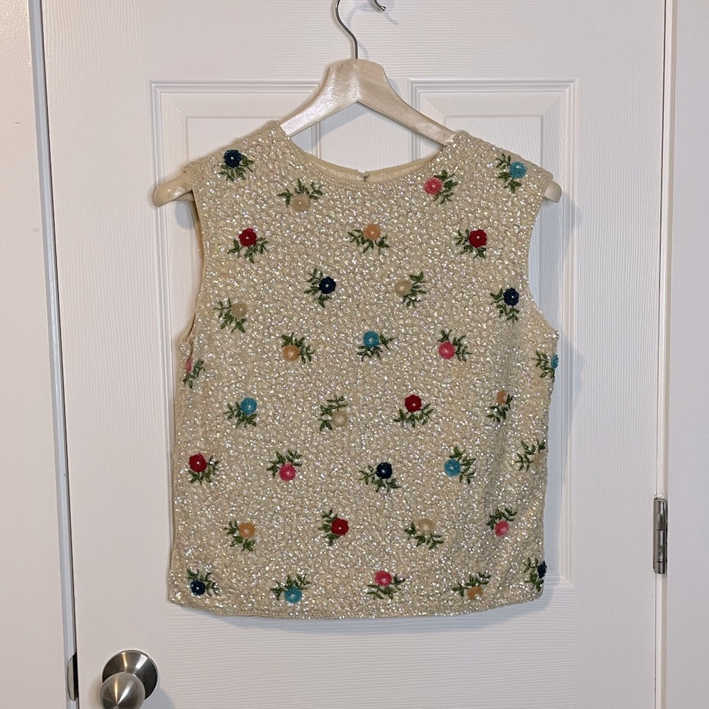 VTG 1950-60s Crown Rose Original floral sequined sleeveless sweater top sz XL